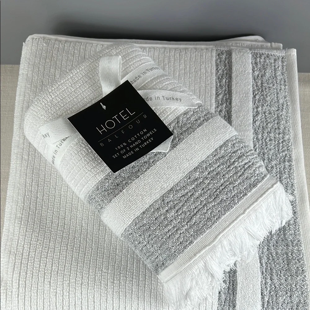 Hotel Balfour Bathroom Towel Set 4 Piece White Tan 100% Cotton 2 Bath 2 Hand NEW